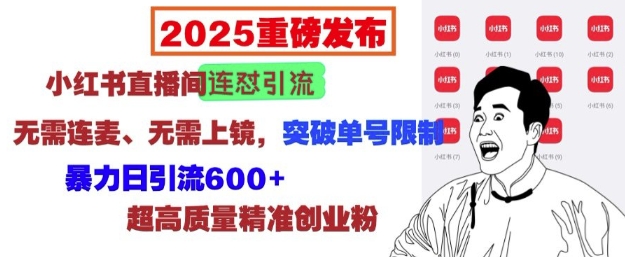 2025重磅发布：小红书直播间连怼引流，无需连麦、无需上镜，突破单号限制，暴力日引流600+-惠卡乐引流中心